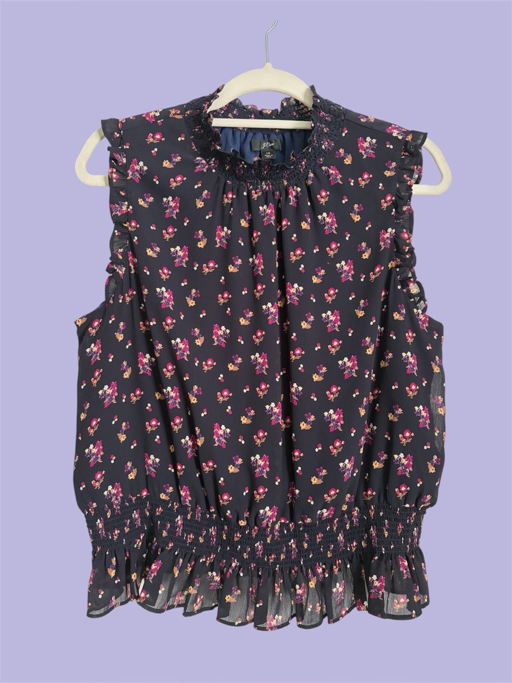 J.Crew Women's Sleeveless Smocked Top in Ditsy Floral Navy 14